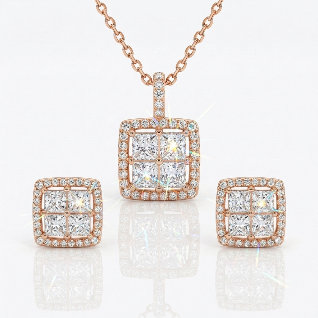 Square Sparkle Pendant & Earrings Set - pcs 2441 ( 4.16gm )