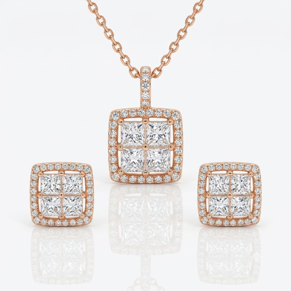 Square Sparkle Pendant & Earrings Set - pcs 2441 ( 4.16gm )