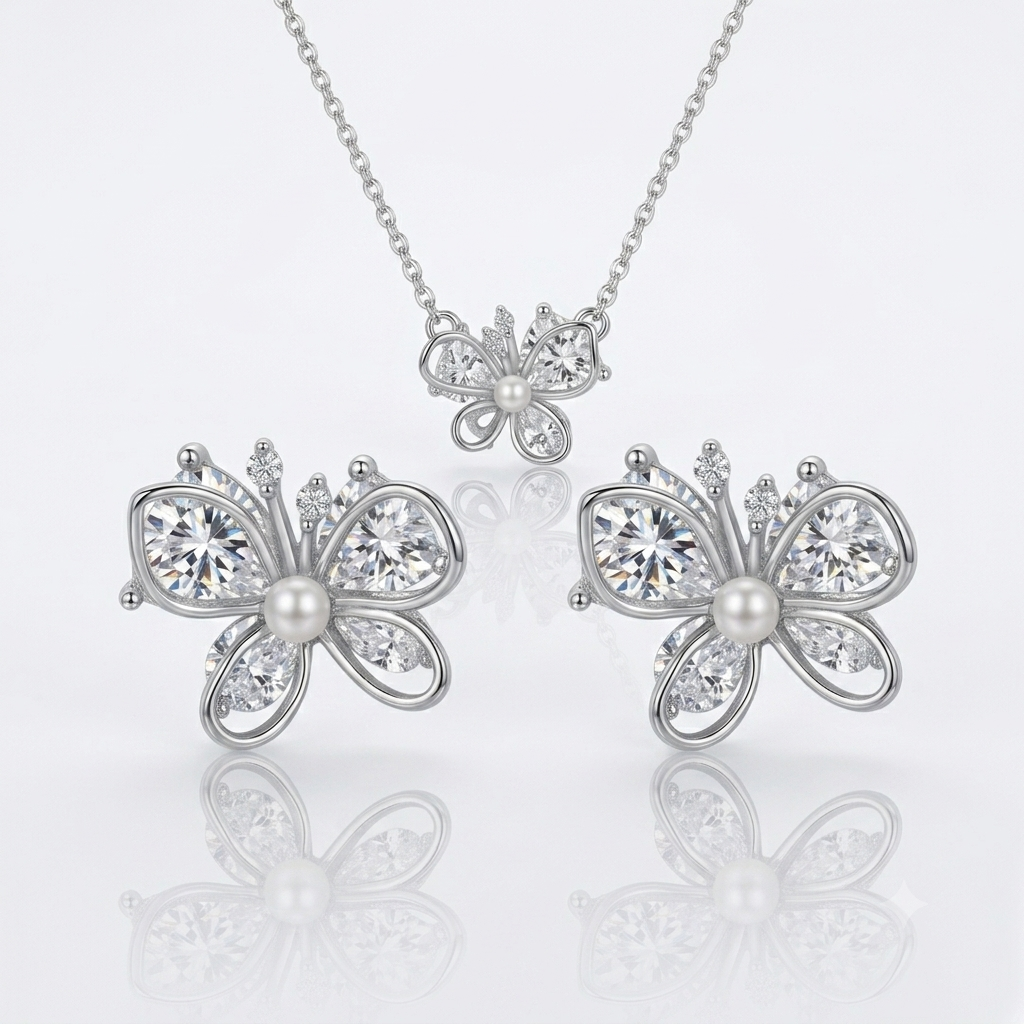 Butterfly Pearl Pendant & Earrings Set - 1669 (4.08gm)