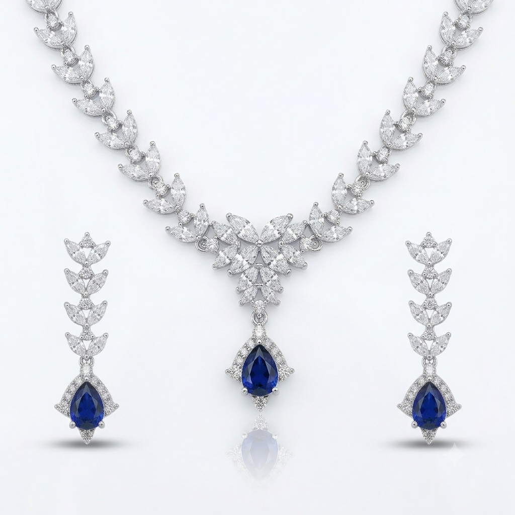 Sapphire Leaf Necklace & Earrings Set