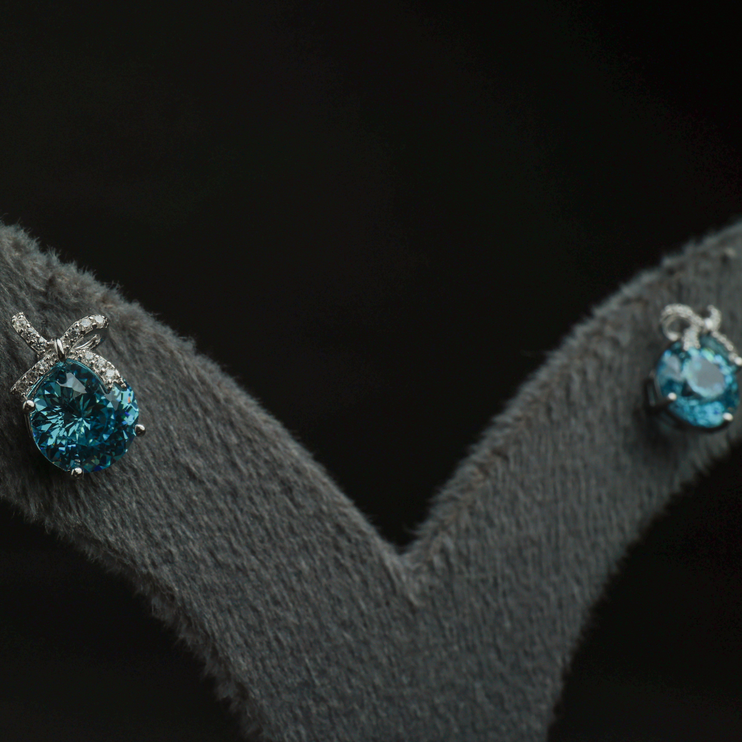 Blue Gem Bow Stud Earrings