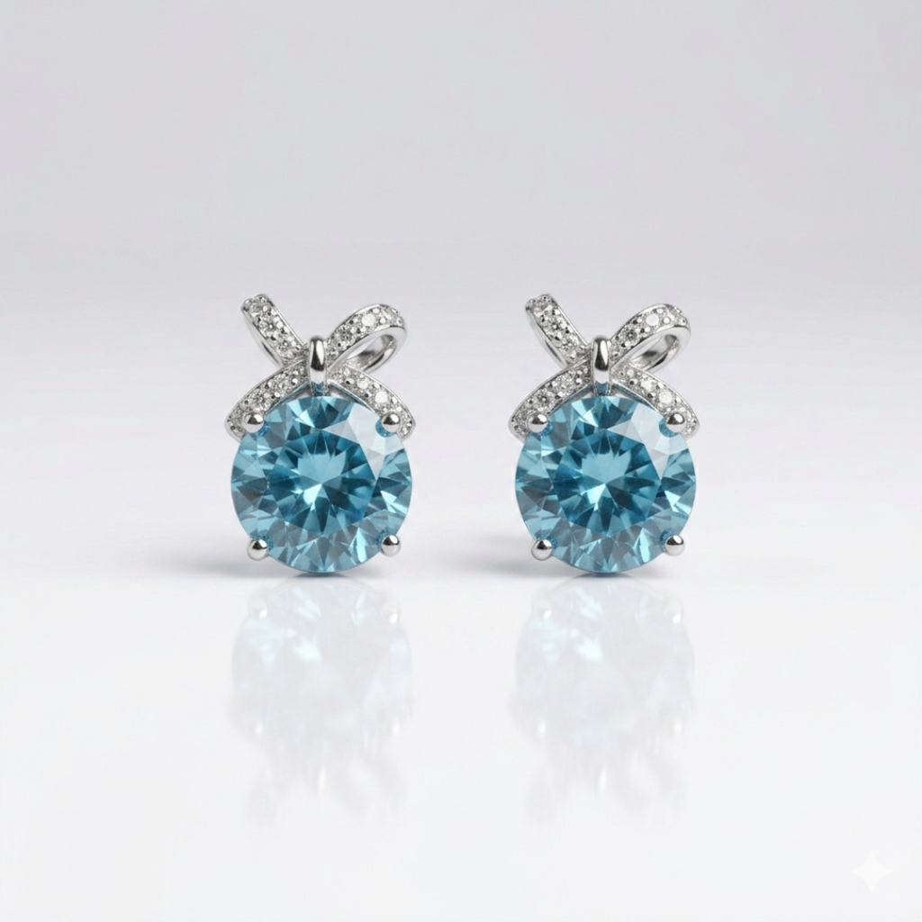 Blue Gem Bow Stud Earrings