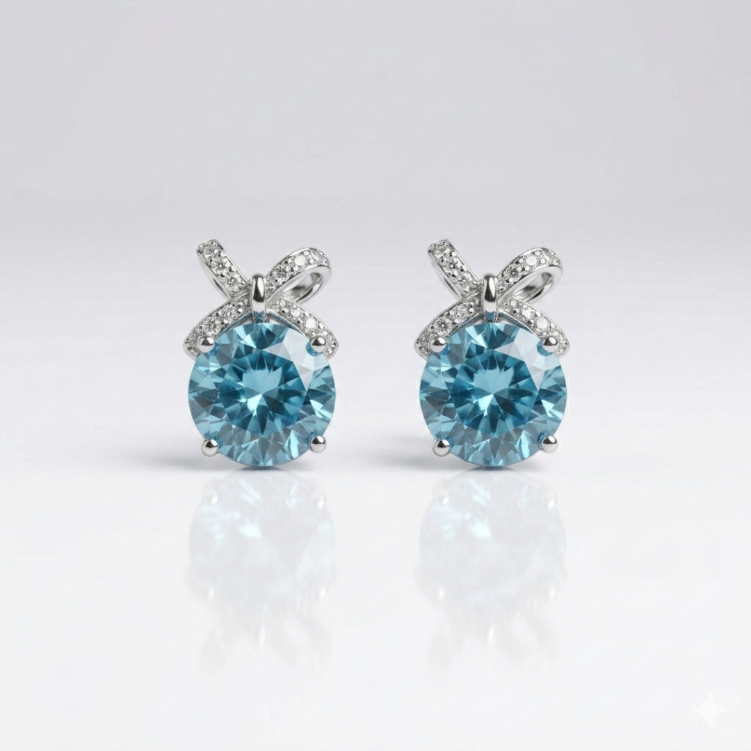 Blue Gem Bow Stud Earrings