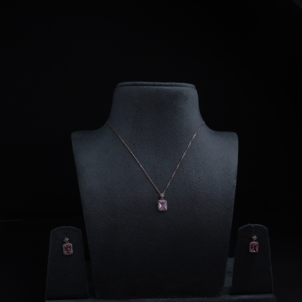 Square Cut Pink Crystal Pendant Necklace Set