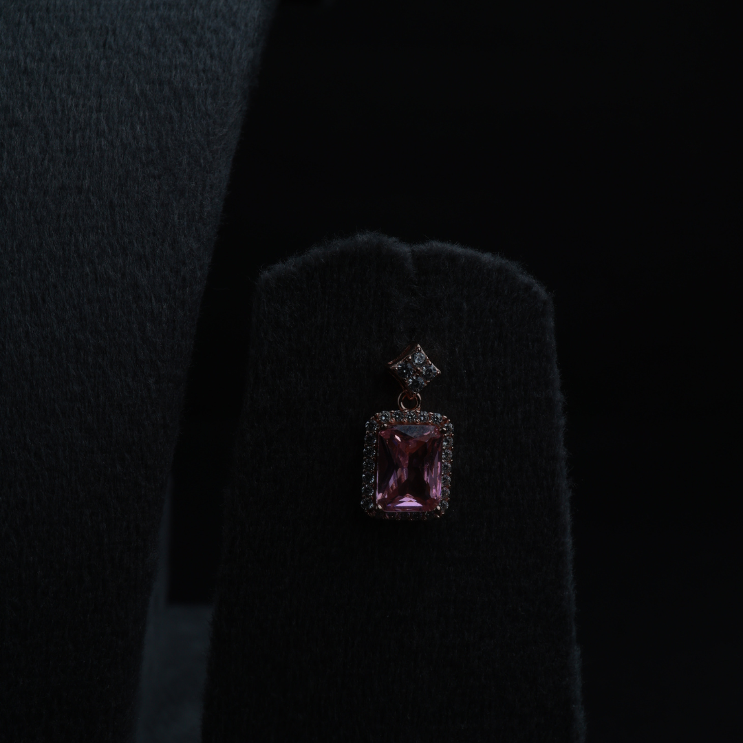 Square Cut Pink Crystal Pendant Necklace Set